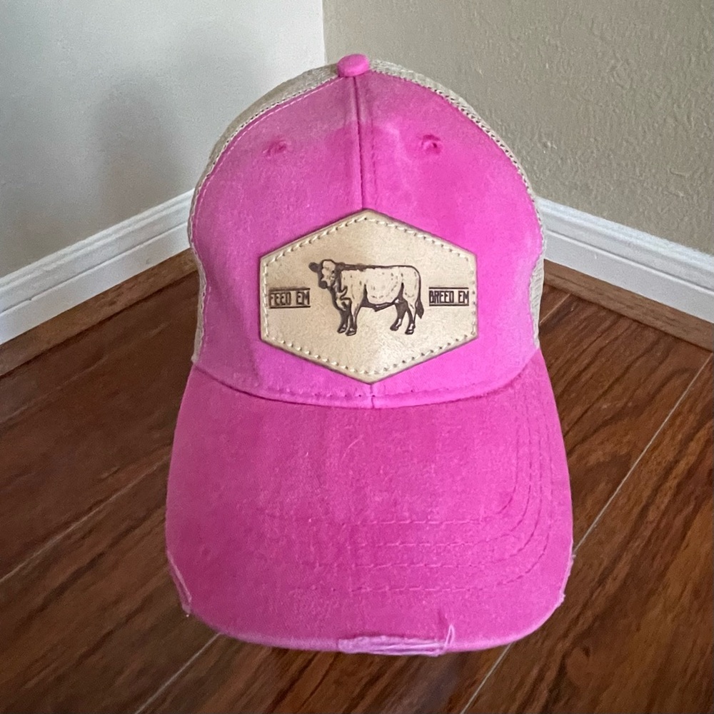 Pink Trucker Hat with Cow Patch - Livestock - Adjustable Sizes - Ranch - Cattle